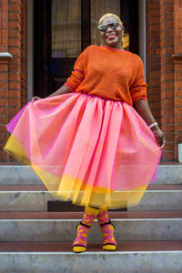 Colour Block Series - Pink and Orange Tulle Midi Skirt