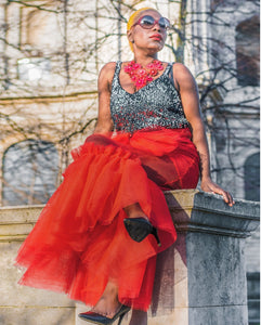 illusion Red Net Tulle Mix Skirt