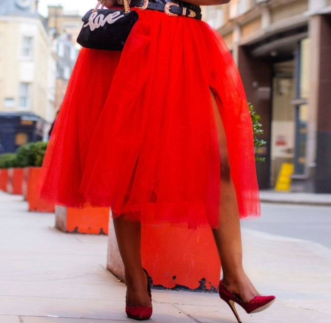 Red Midi Tulle Skirt with High Slit